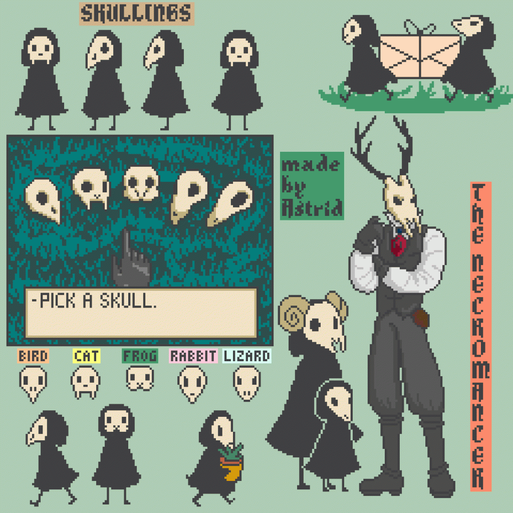 Pixel animering och konceptkonst av ett spel med små figurer med djurskallar och svarta kåpor samt en mörk magiker med hjortskalle