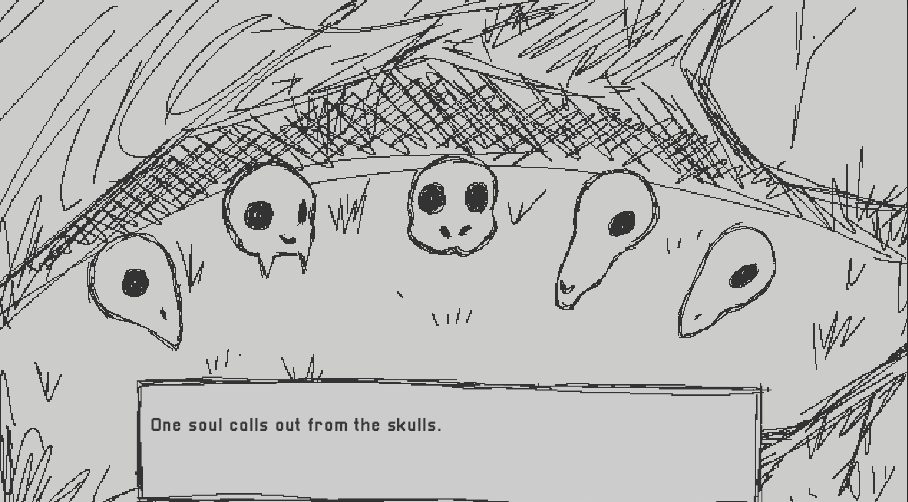 Skärmdump av ett peka och klicka spel där fem djurskallar ligger på marken med texten 'One soul calls out from the skulls.'