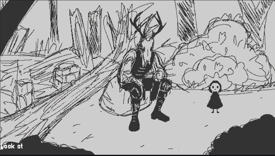 Skärmdump från ett peka och klicka spel där en mörk magiker sitter på en sten vid ett ruckel och spelaren är en liten figur med en kattskalle